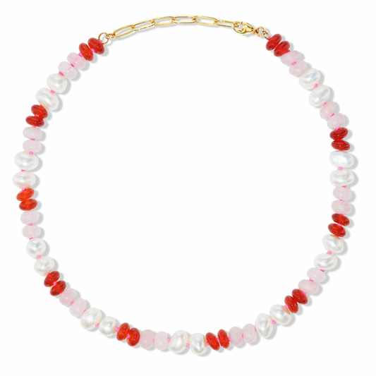 Freshwater Pearl, Rose Quartz, Carnelian + Hot Pink Hand-Knotted Silk Candy Necklace