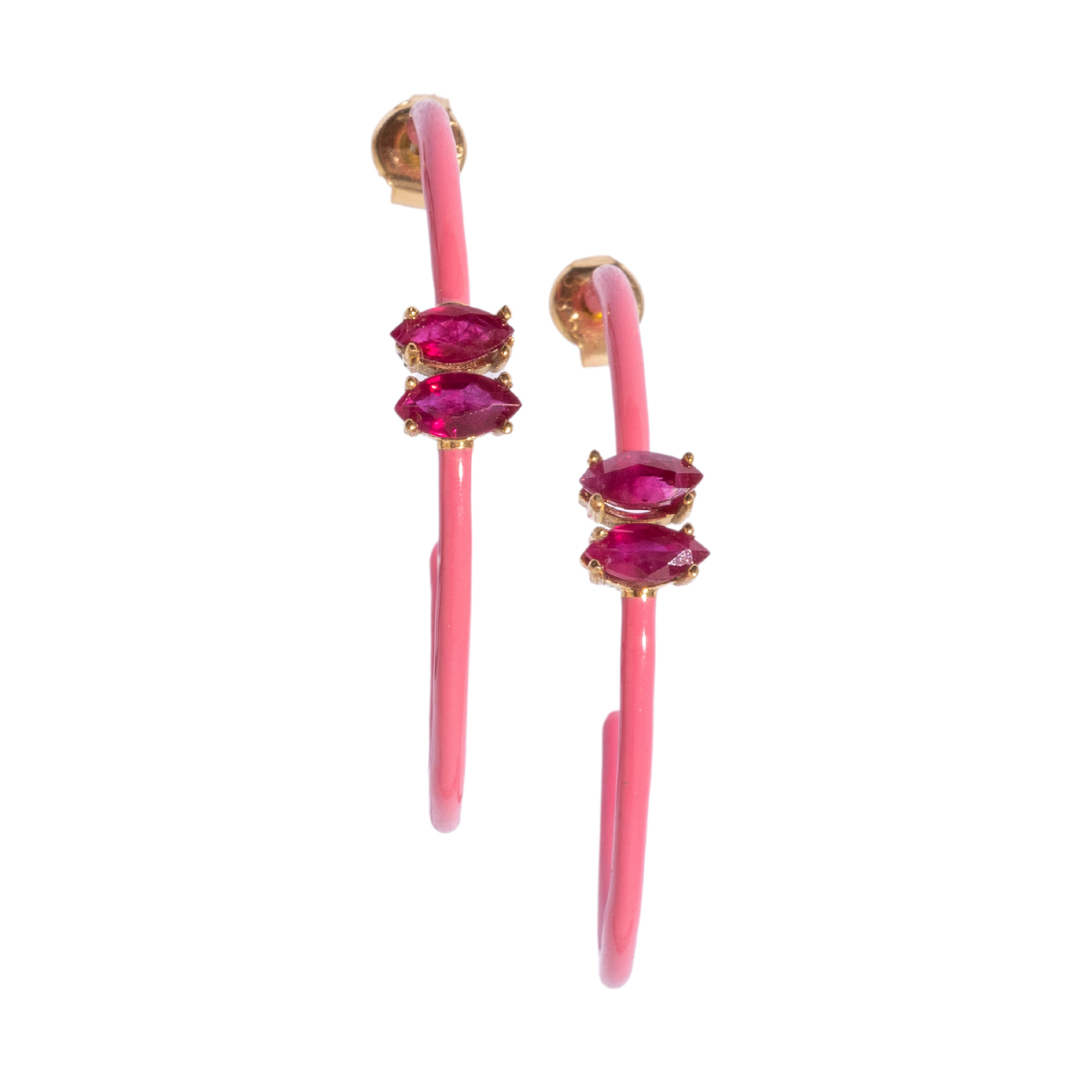 14K Gold Marquise Cut Ruby + Pink Enamel Valley Girl Hoop Earrings