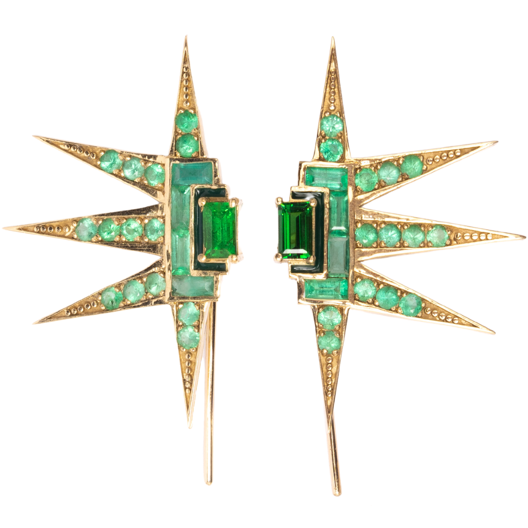14K Gold Emerald + Tsavorite Garnet + Green Enamel Starburst Ear Crawler Statement Earrings