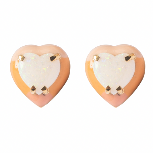 14K Gold Australian Opal Heart + Ombré Sunset Pastel Enamel Sweetheart Stud Earrings