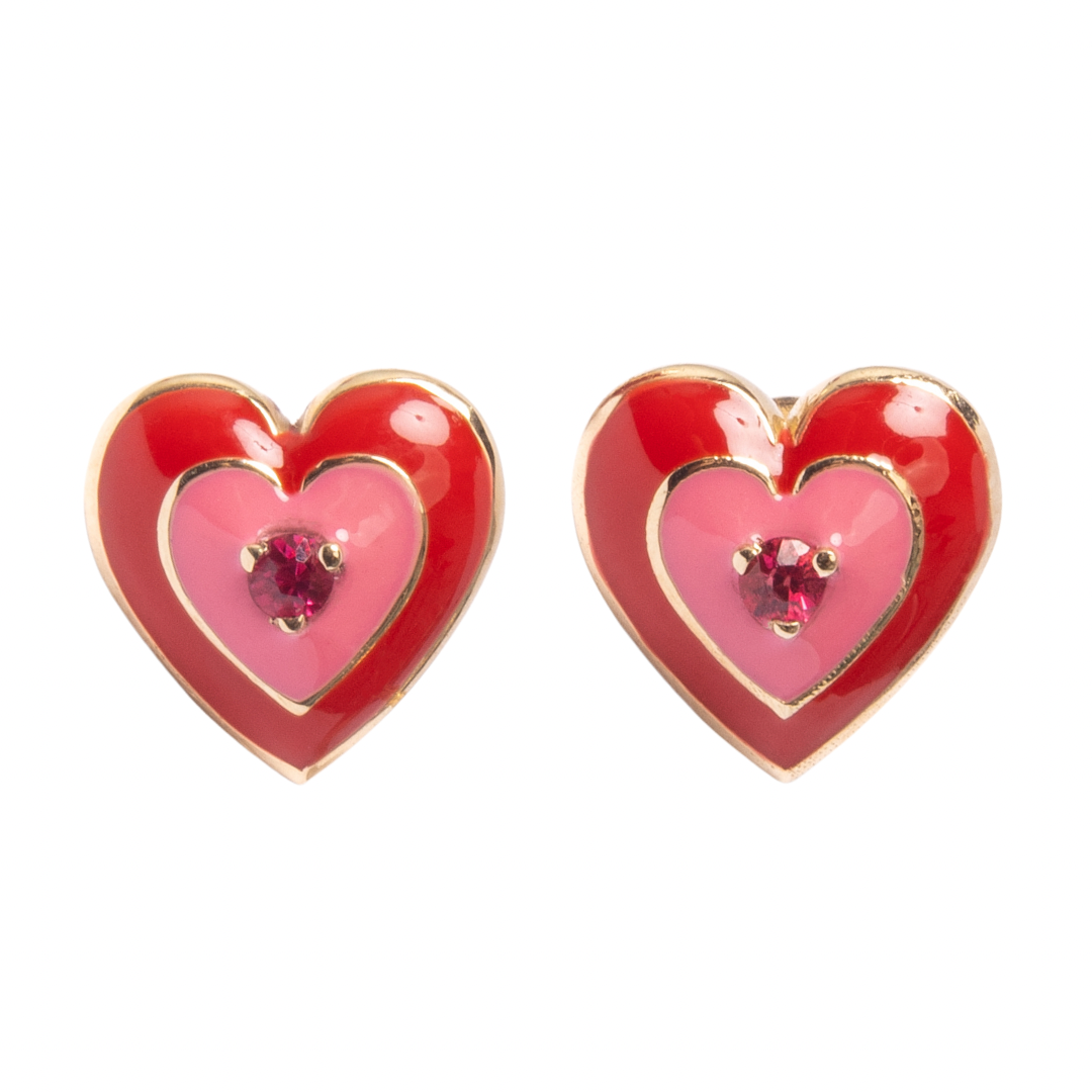 14K Gold Red Spinel + Pink // Red Enamel Sweetheart Stud Earrings