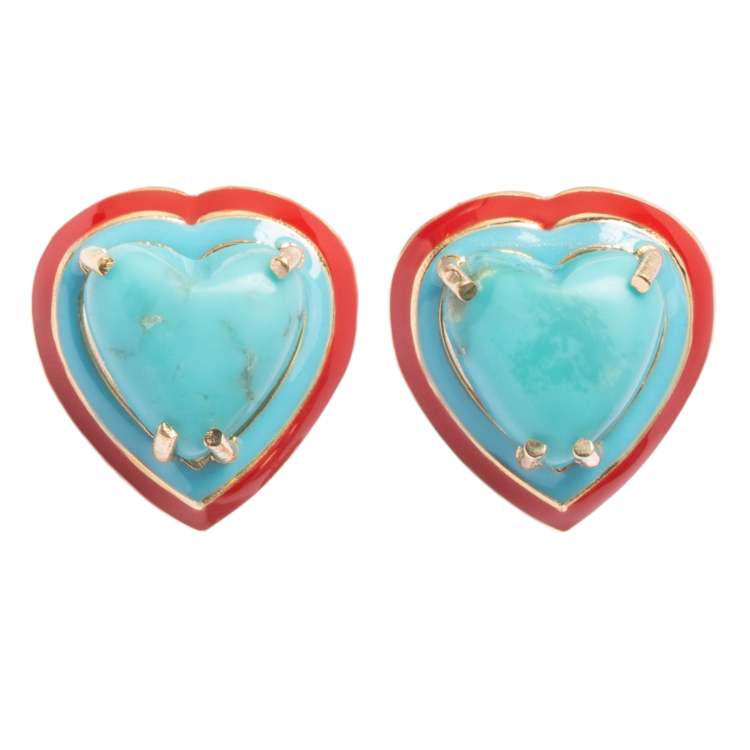 14K Gold Turquoise Heart Cabochon + Red // Turquoise Enamel Sweetheart Stud Earrings