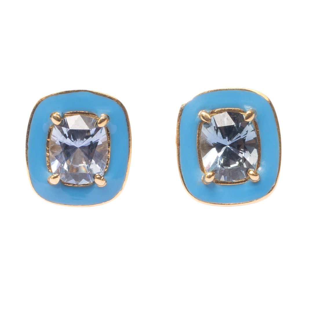 14K Gold Cushion Cut Montana Sapphires + Blue Enamel Valley Girl Stud Earrings