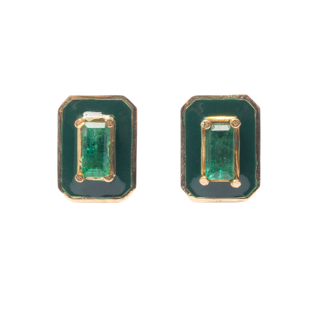 14K Gold Emerald Baguette + Green Enamel Valley Girl Stud Earrings