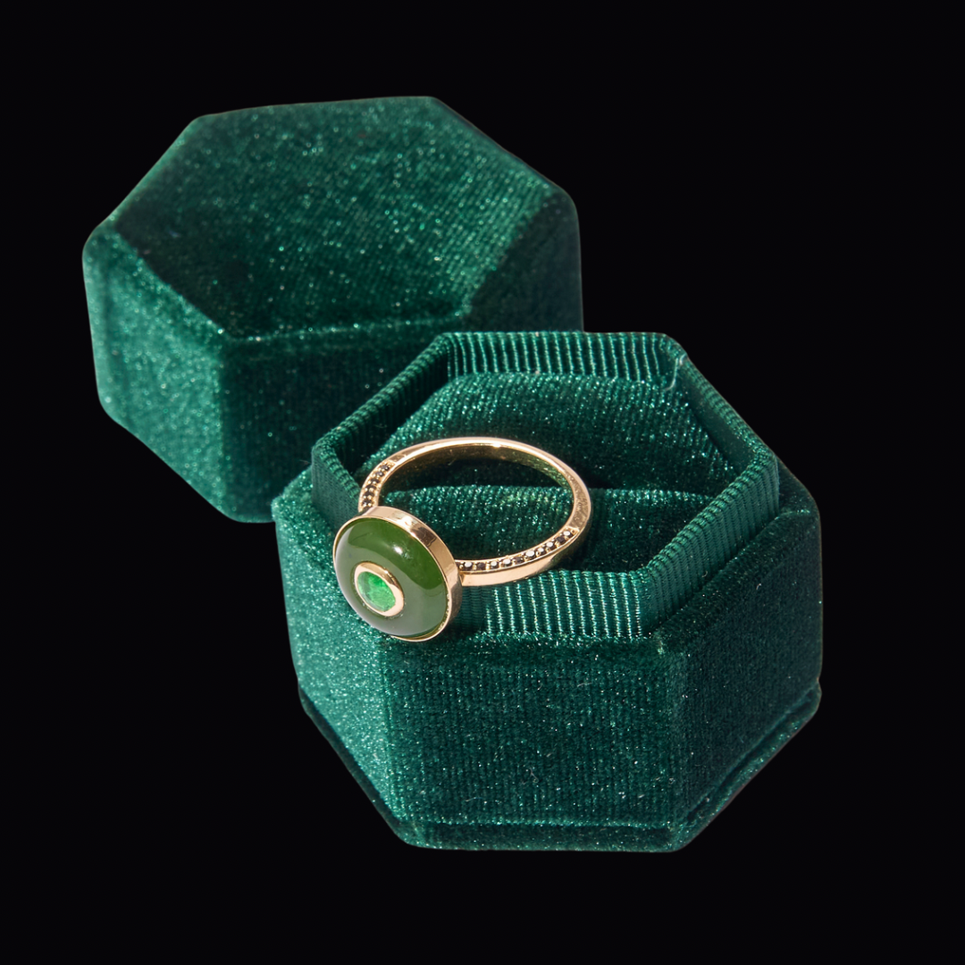 14K Gold Tsavorite Garnet + Nephrite Jade + Black Diamond Petite Cocktail Ring