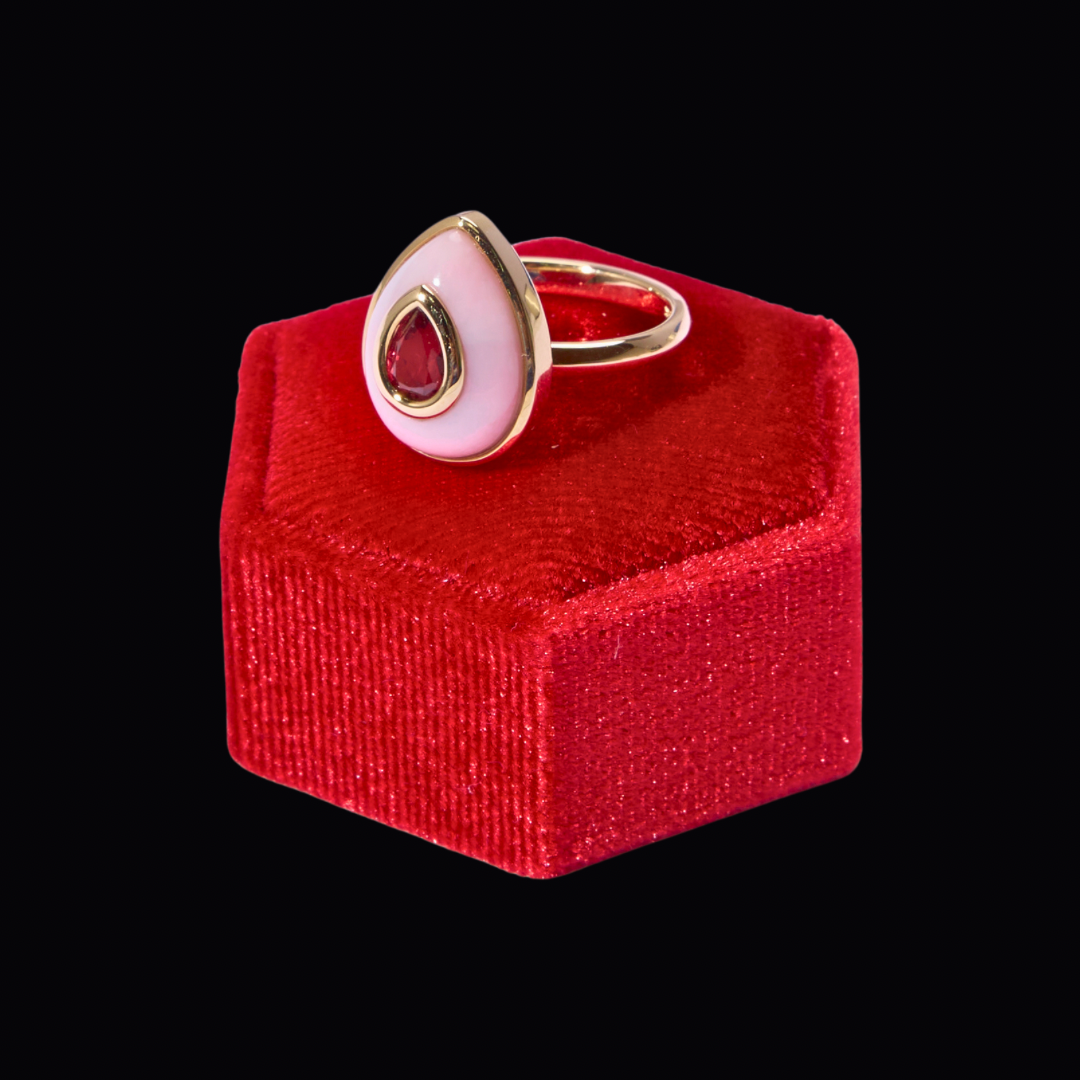 14K Red Spinel + Pink Opal Teardrop Cocktail Ring