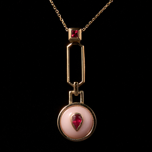 14K Gold Ruby + Pink Opal + Neon Pink Spinel Pendant Necklace