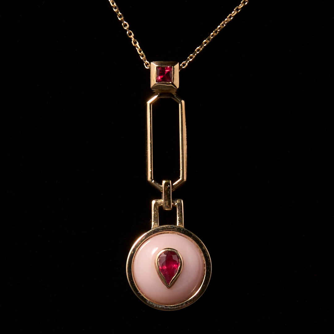 14K Gold Ruby + Pink Opal + Neon Pink Spinel Pendant Necklace