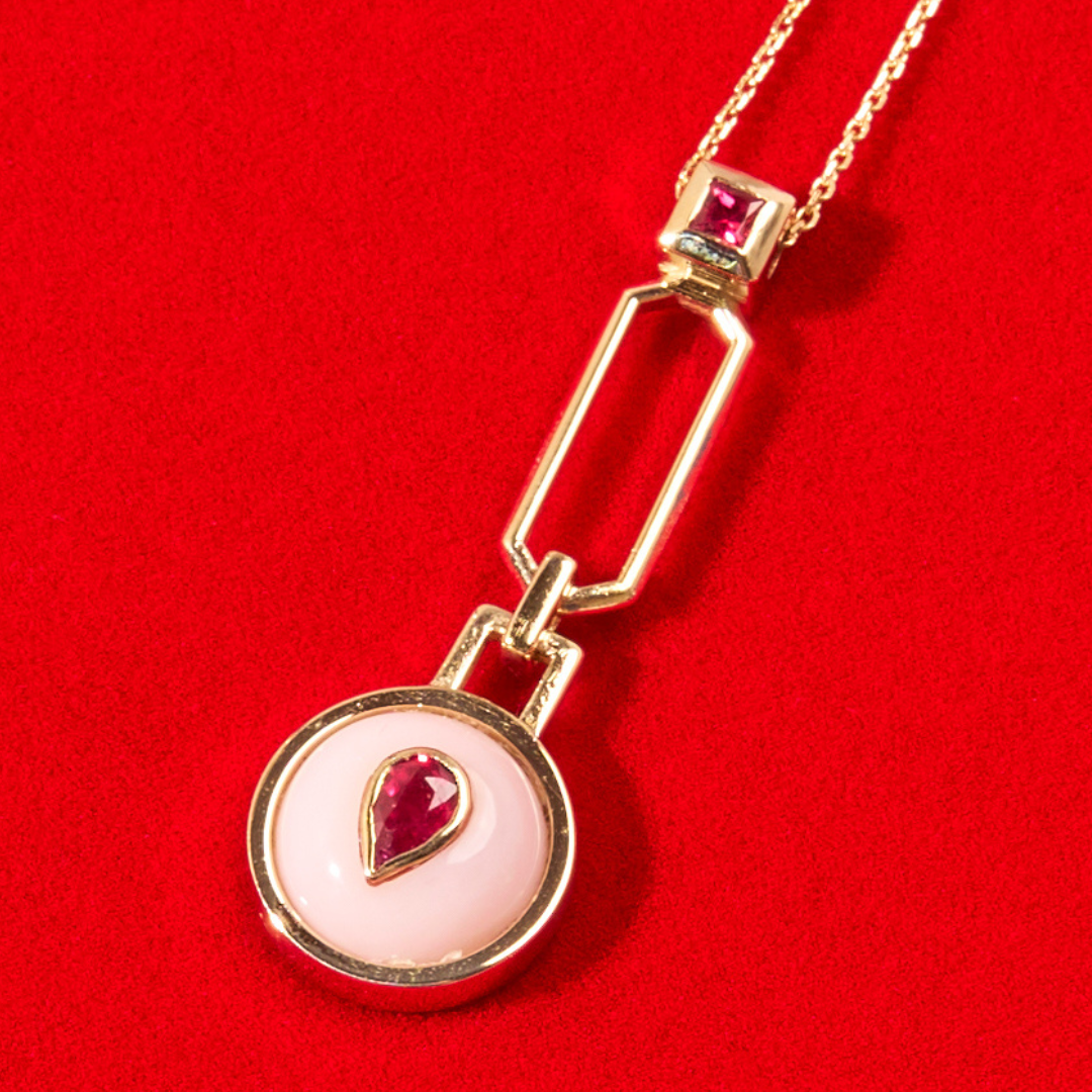 14K Gold Ruby + Pink Opal + Neon Pink Spinel Pendant Necklace
