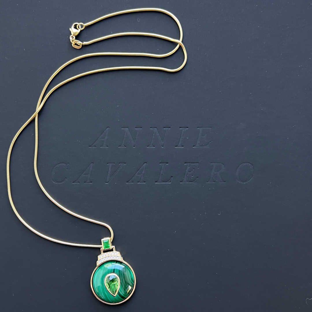 14K Gold Malachite + Tsavorite Garnet + Diamond Pendant Necklace