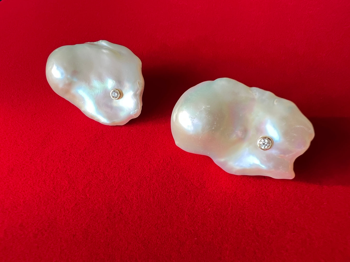14K Gold Iridescent Baroque Pearl + Diamond Earrings