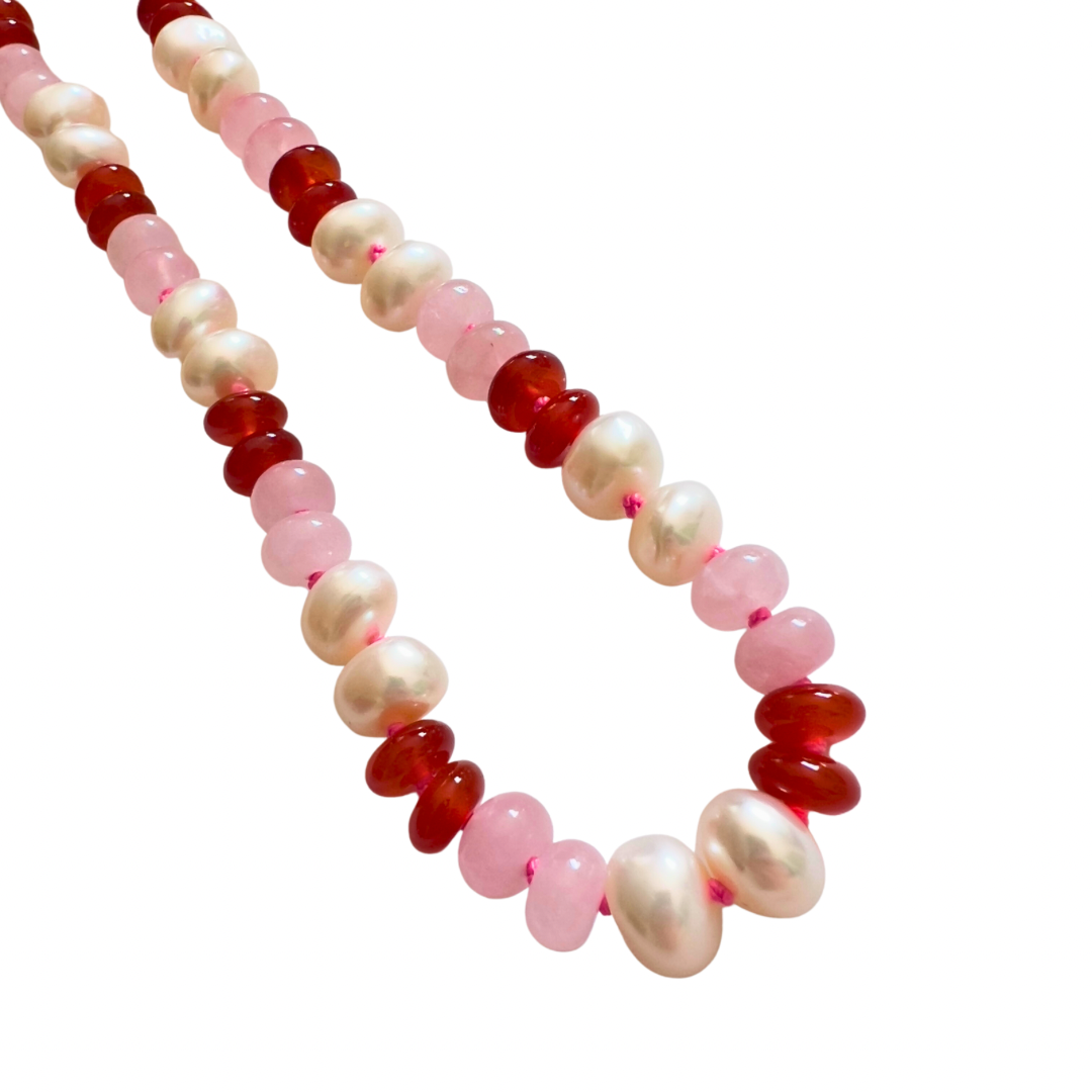 Freshwater Pearl, Rose Quartz, Carnelian + Hot Pink Hand-Knotted Silk Candy Necklace