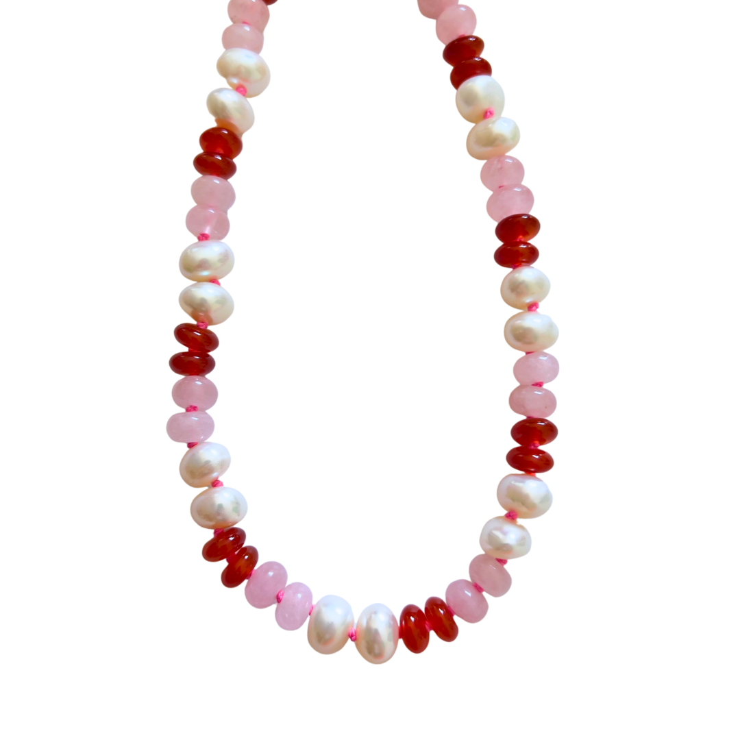 Freshwater Pearl, Rose Quartz, Carnelian + Hot Pink Hand-Knotted Silk Candy Necklace