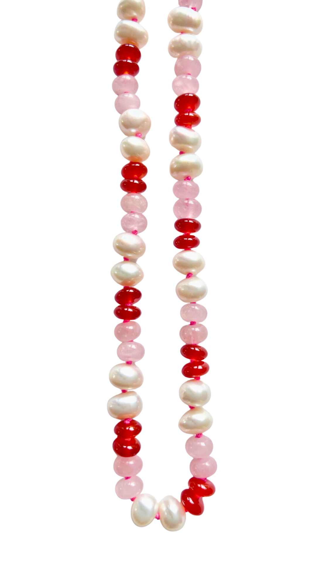 Freshwater Pearl, Rose Quartz, Carnelian + Hot Pink Hand-Knotted Silk Candy Necklace