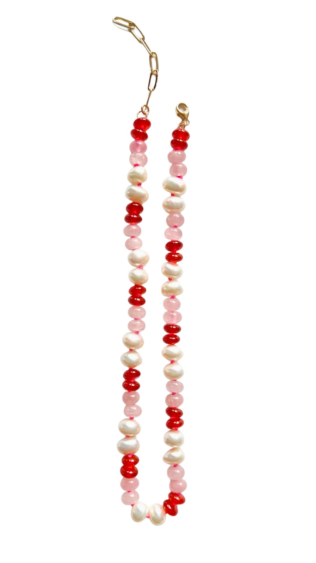 Freshwater Pearl, Rose Quartz, Carnelian + Hot Pink Hand-Knotted Silk Candy Necklace