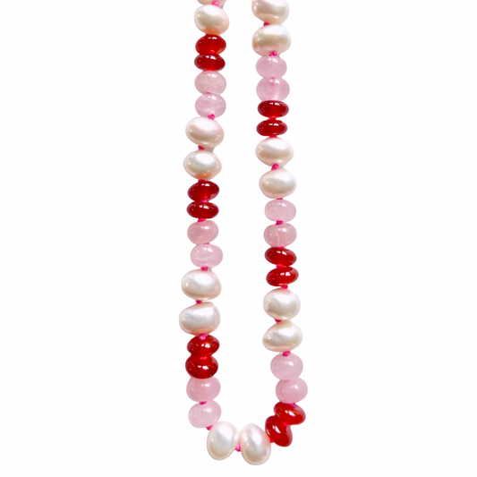 Freshwater Pearl, Rose Quartz, Carnelian + Hot Pink Hand-Knotted Silk Candy Necklace