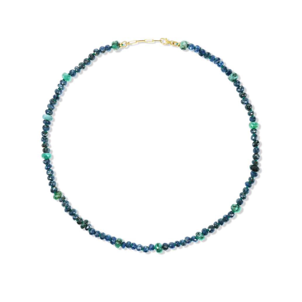 14K Gold Raw Emerald + Sapphire Tennis Necklace