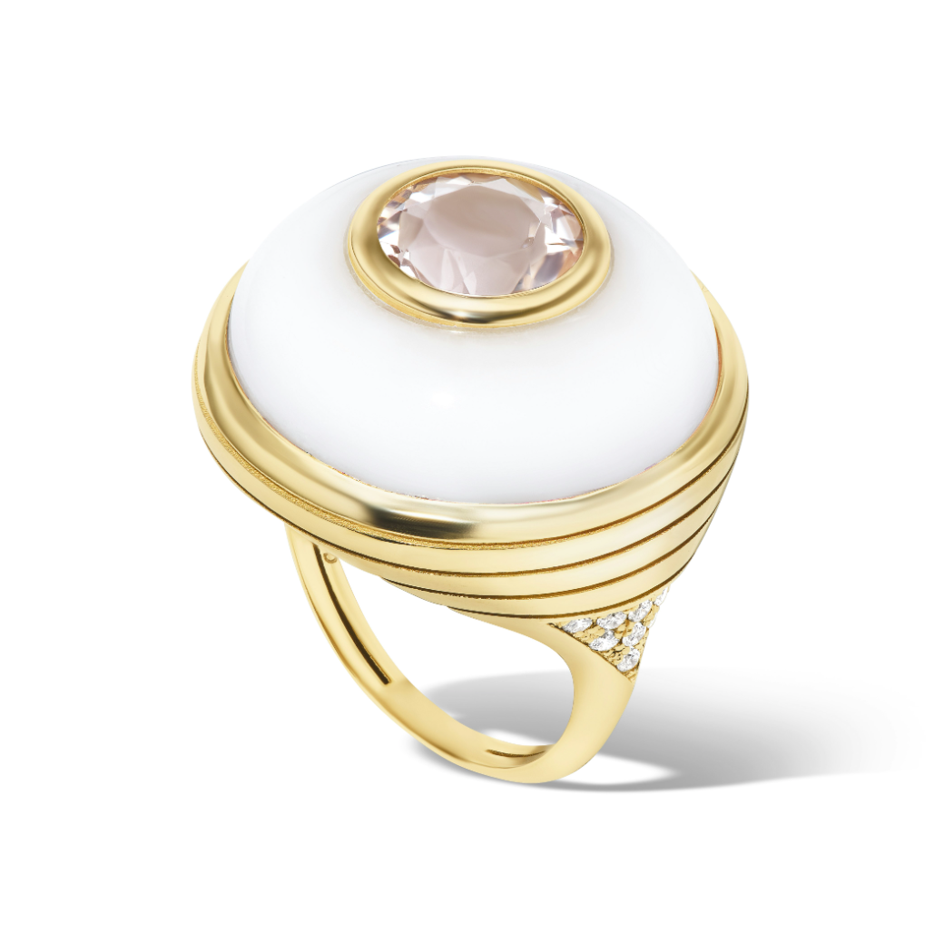 14K Gold Morganite + White Quartz + Diamond Cocktail Ring