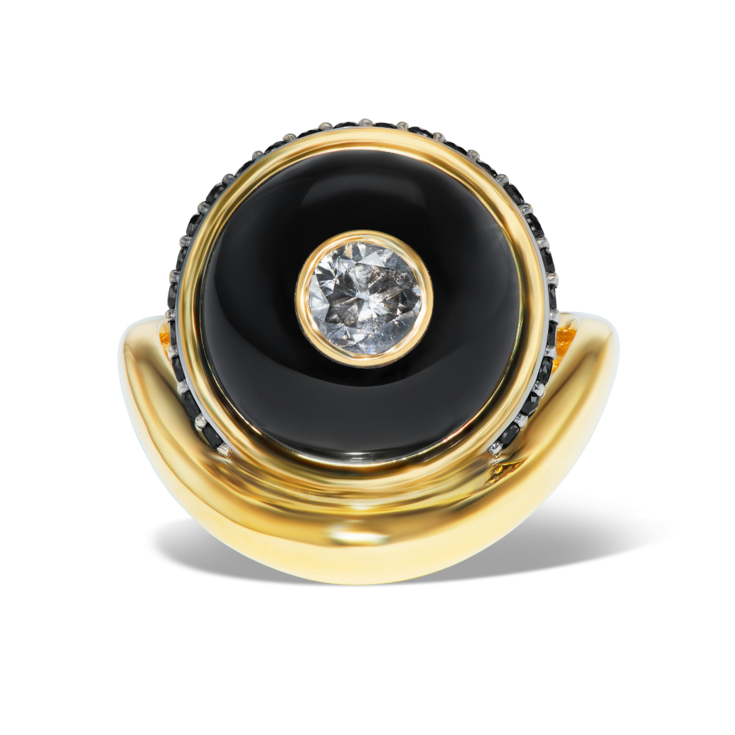 14K Salt and Pepper Diamond + Black Onyx + Black Diamond Wave Ring