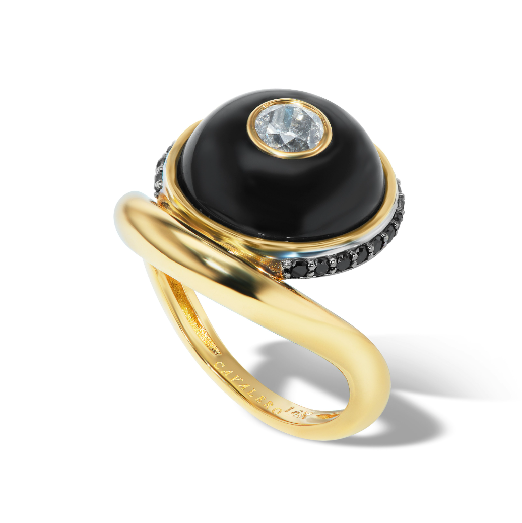 14K Salt and Pepper Diamond + Black Onyx + Black Diamond Wave Ring