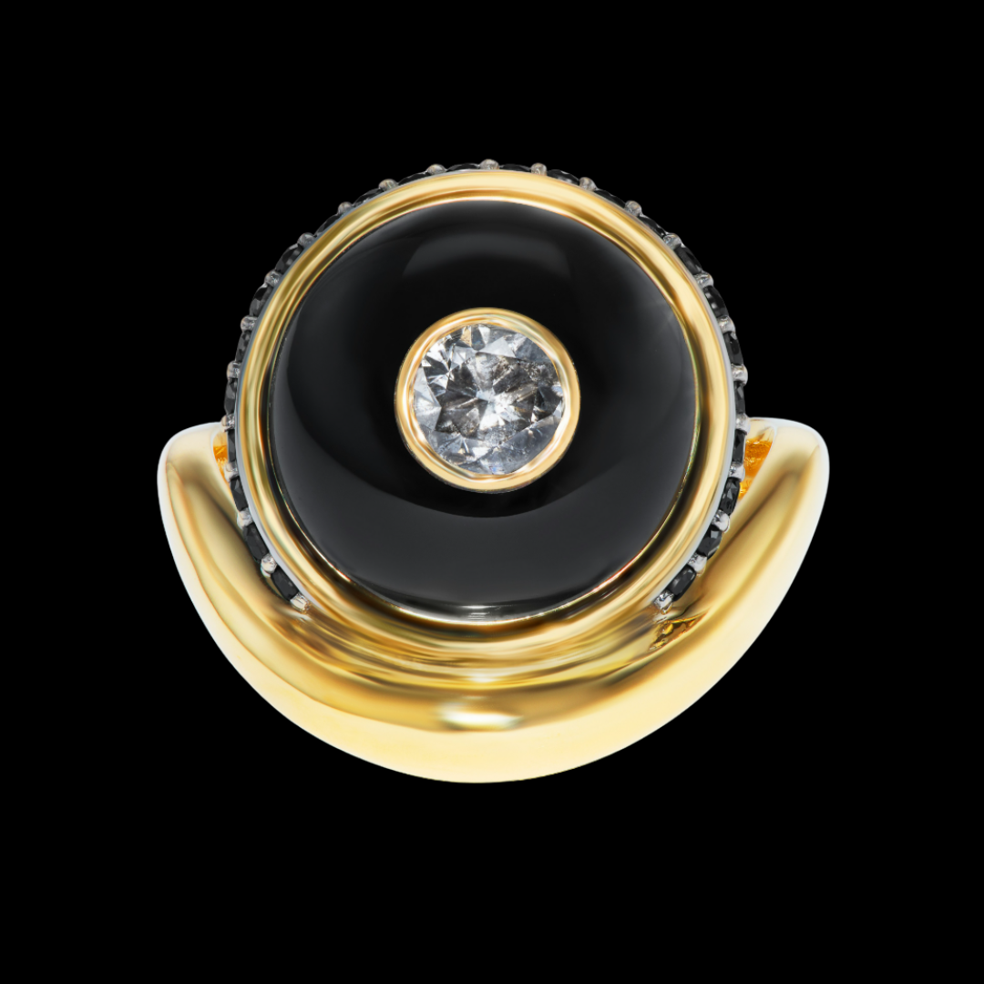 14K Salt and Pepper Diamond + Black Onyx + Black Diamond Wave Ring