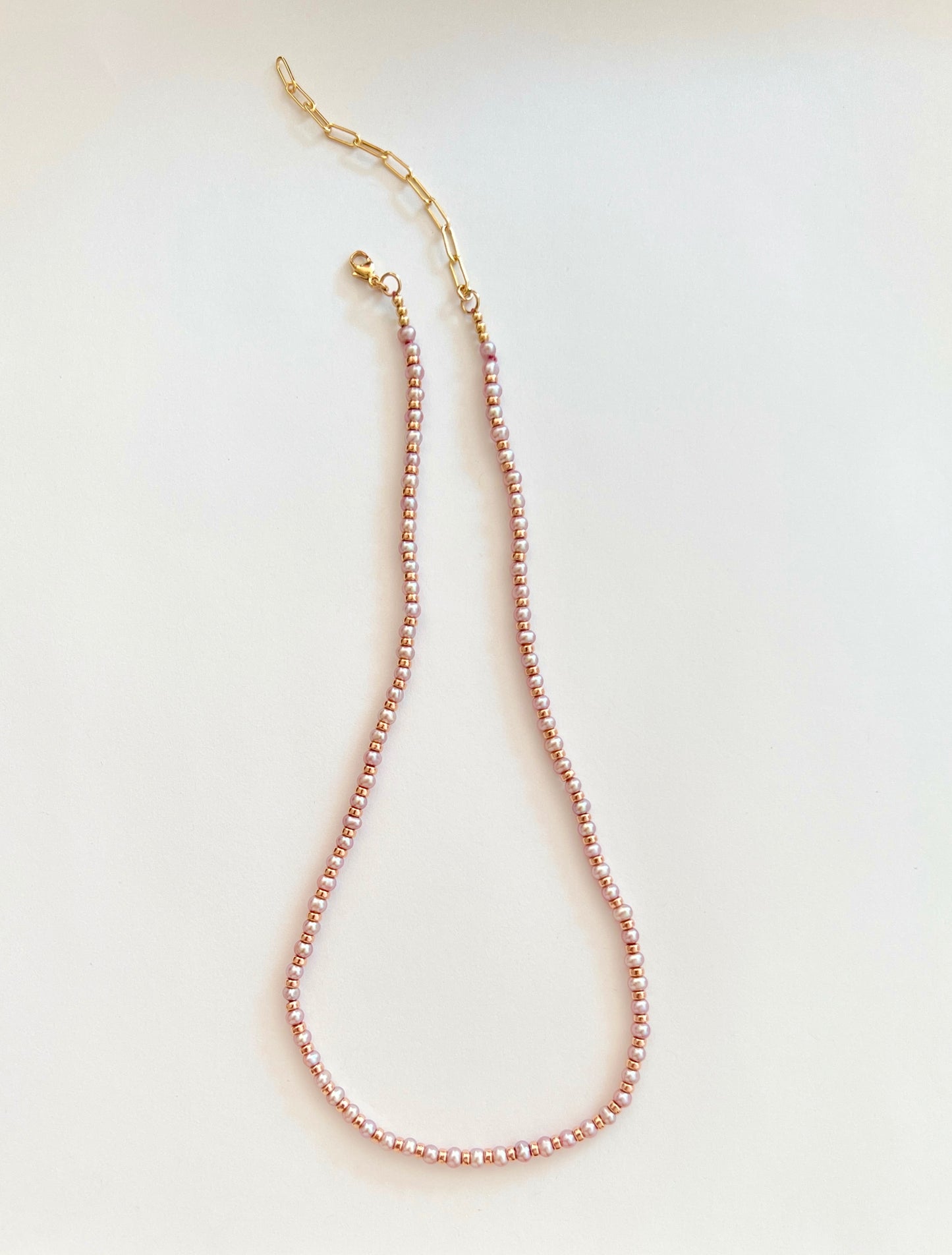 Pink Freshwater Pearl + Rose Gold Filled Beaded Necklace