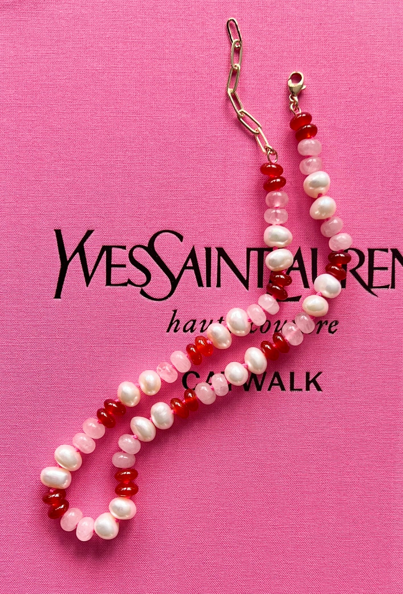 Freshwater Pearl, Rose Quartz, Carnelian + Hot Pink Hand-Knotted Silk Candy Necklace