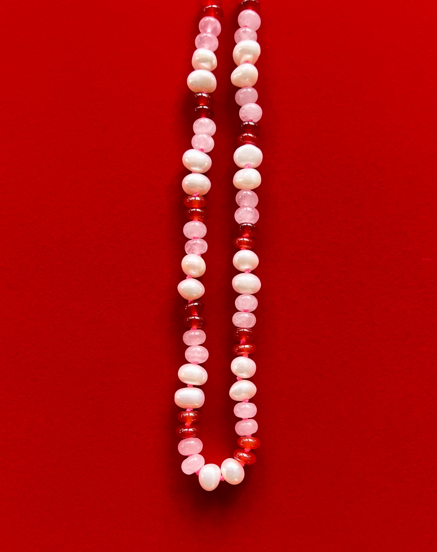 Freshwater Pearl, Rose Quartz, Carnelian + Hot Pink Hand-Knotted Silk Candy Necklace