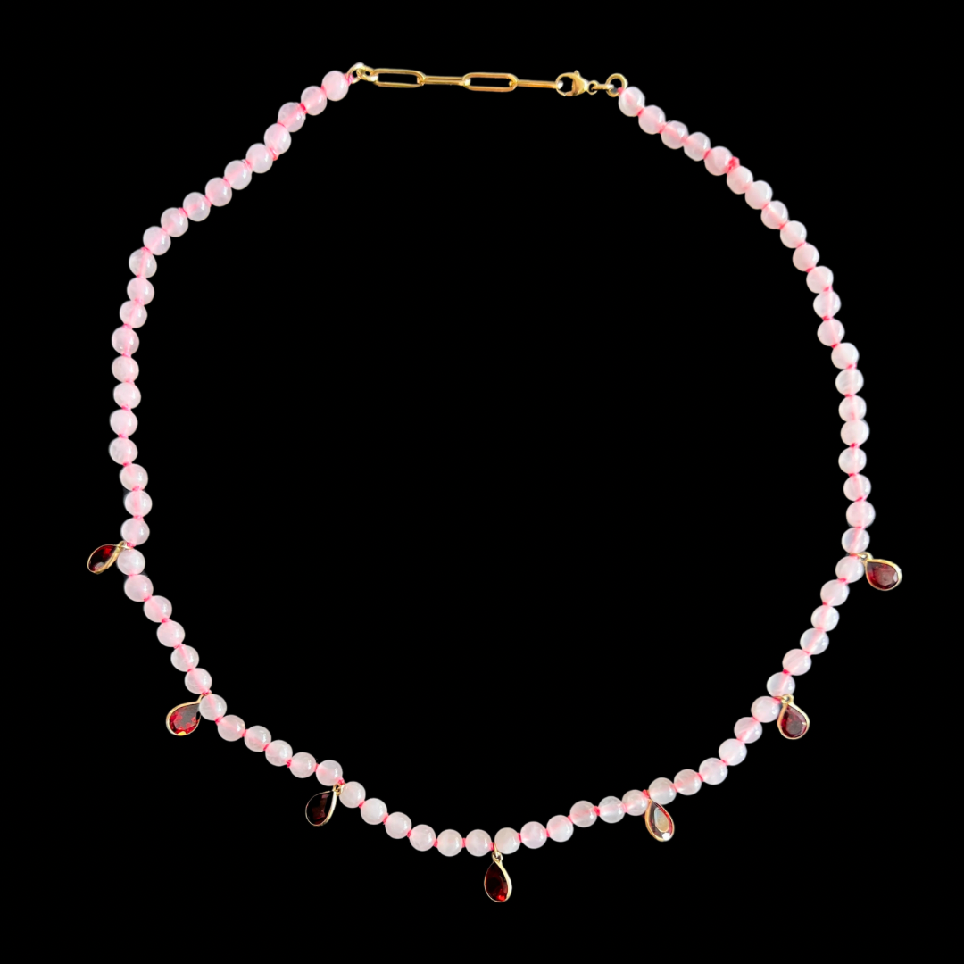 14K Gold Garnet Teardrop Charm + Rose Quartz + Neon Pink Silk Choker Necklace