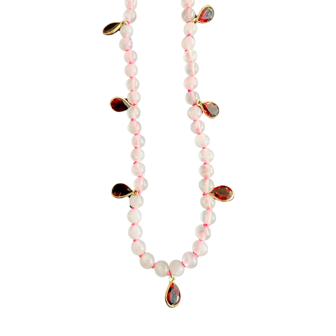 14K Gold Garnet Teardrop Charm + Rose Quartz + Neon Pink Silk Choker Necklace