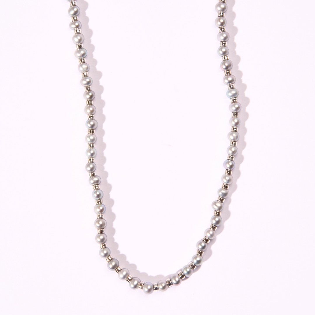 Grey Freshwater Pearl + Sterling Silver Beaded Choker Necklace