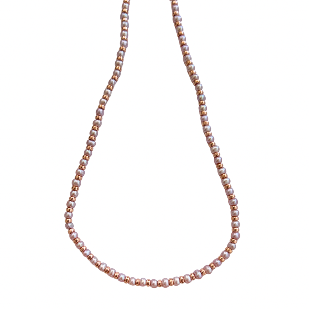 Pink Freshwater Pearl + Rose Gold Filled Beaded Necklace