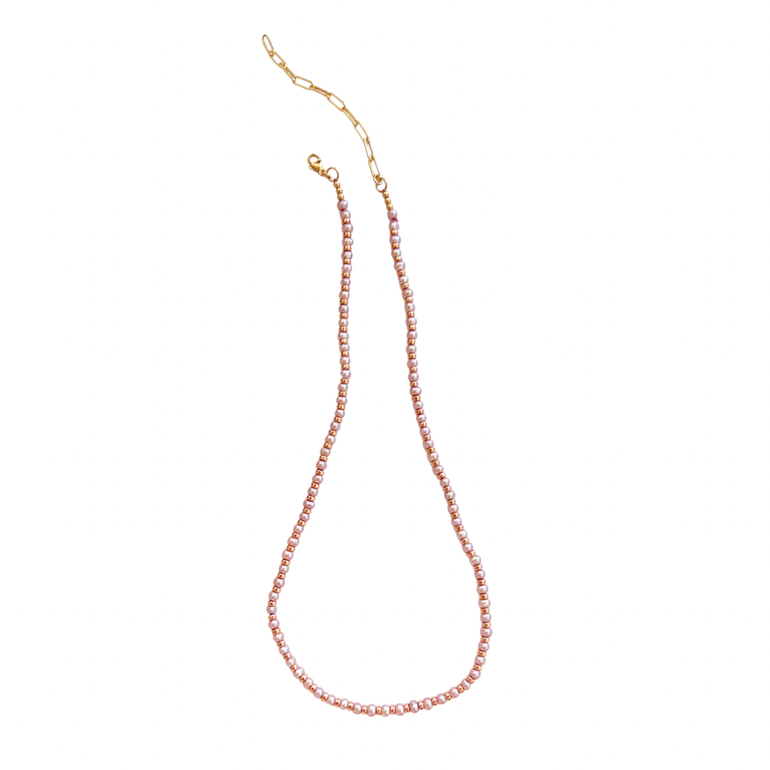 Pink Freshwater Pearl + Rose Gold Filled Beaded Necklace