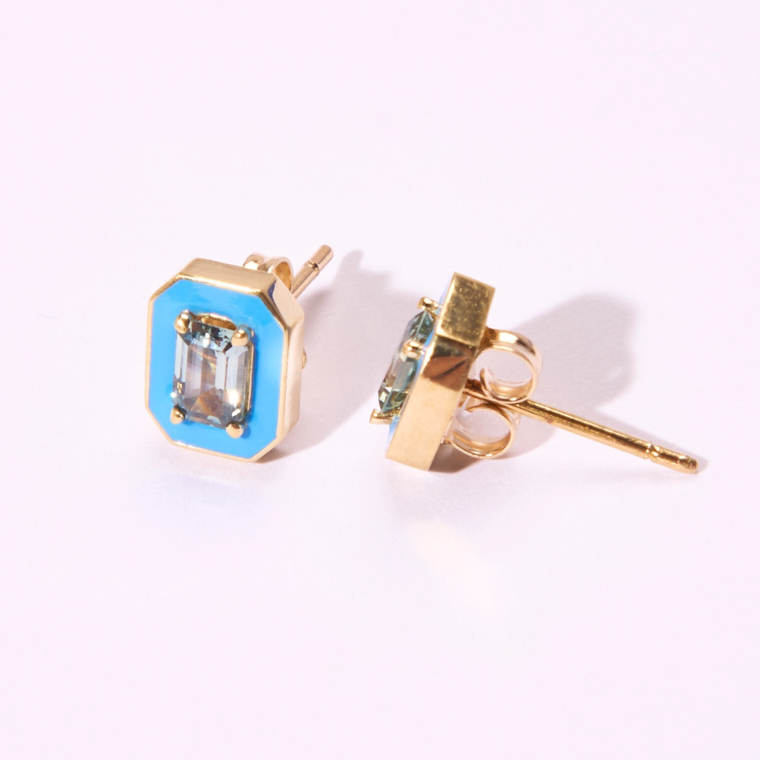 14K Montana Sapphire + Blue Enamel Valley Girl Stud Earrings