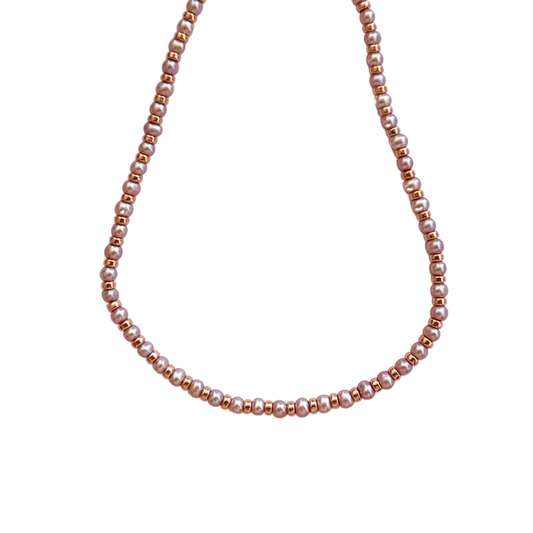 Pink Freshwater Pearl + Rose Gold Filled Beaded Necklace