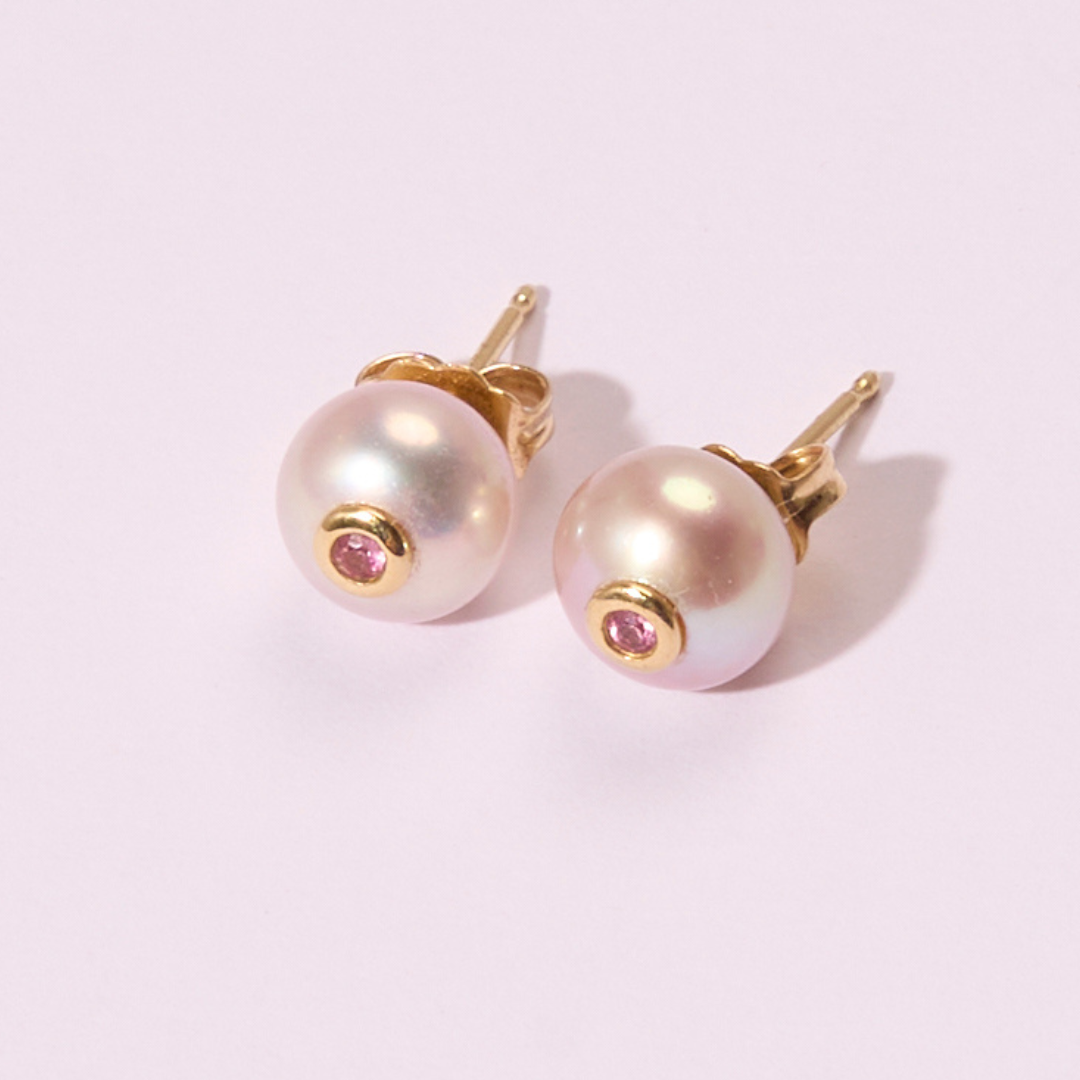 14K Gold Pink Freshwater Pearl + Small Pink Sapphire Stud Earrings