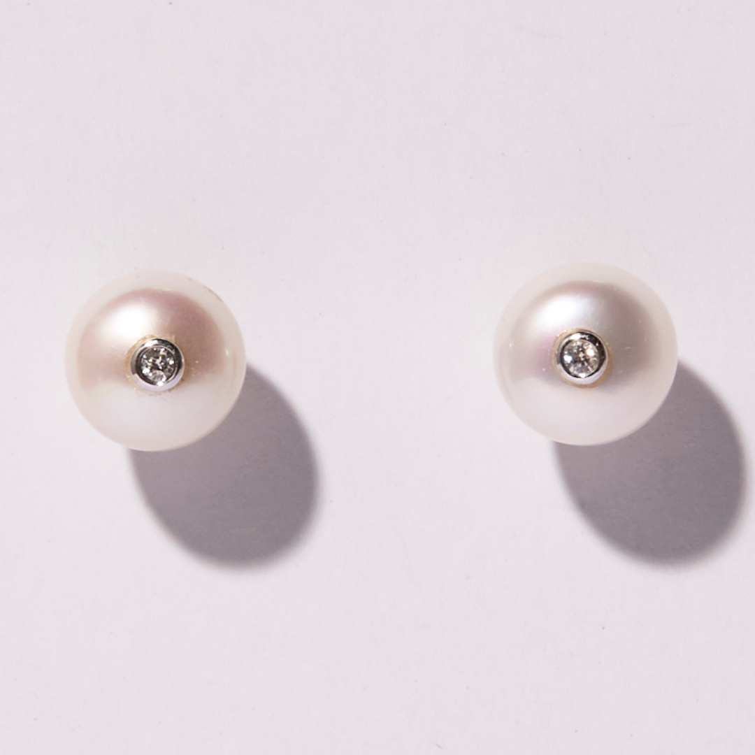 14K Gold Freshwater Pearl + Small Diamond Stud Earrings