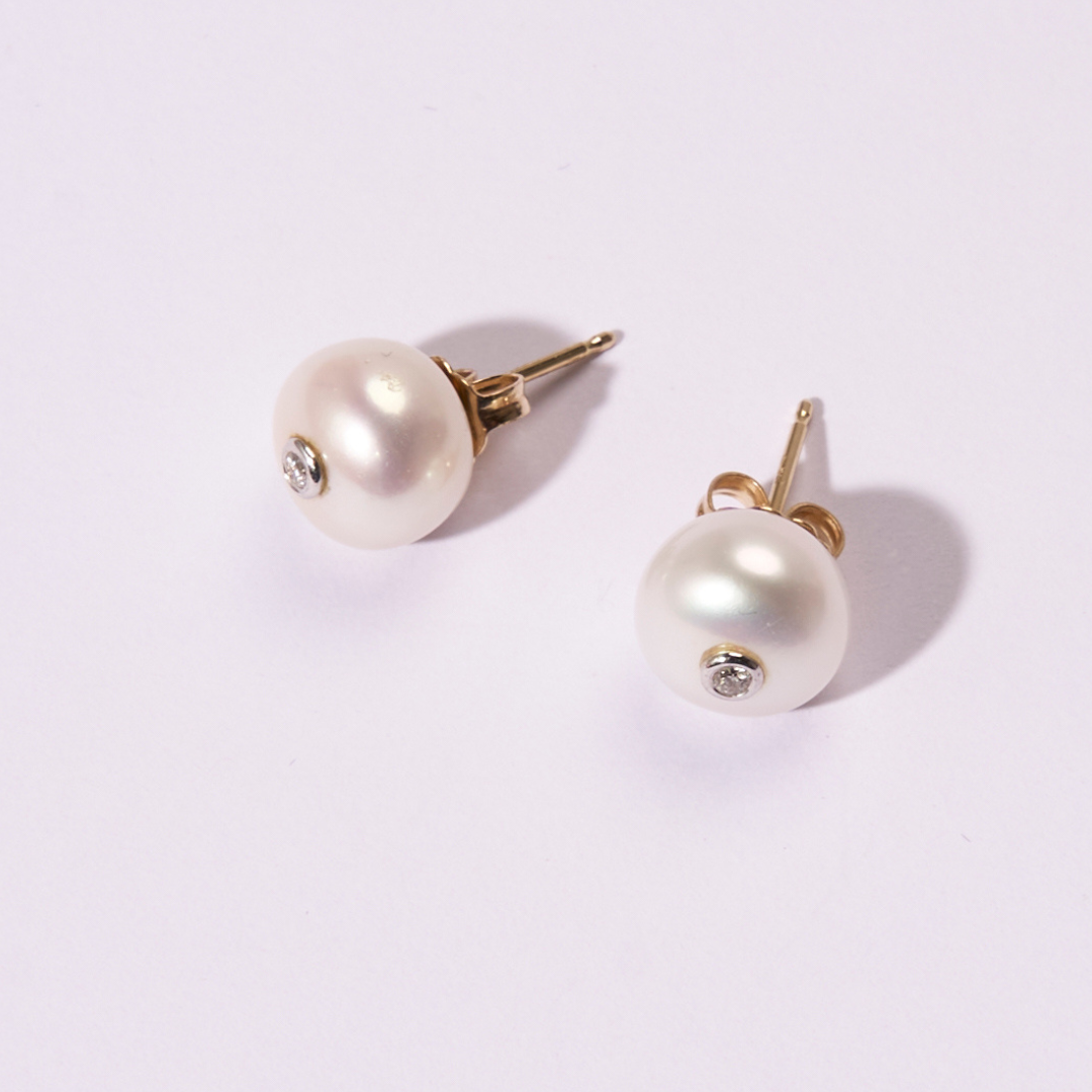 14K Gold Freshwater Pearl + Small Diamond Stud Earrings