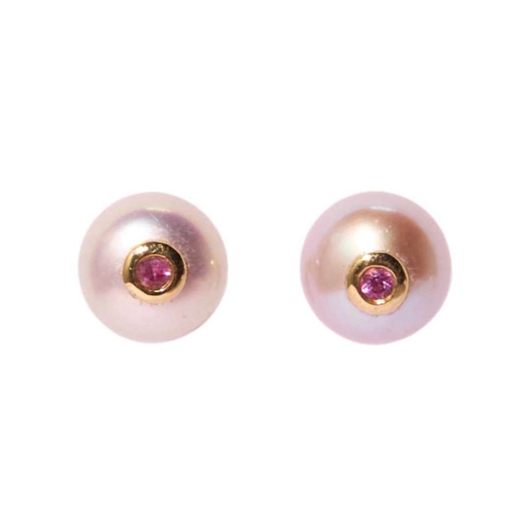 14K Gold Pink Freshwater Pearl + Small Pink Sapphire Stud Earrings