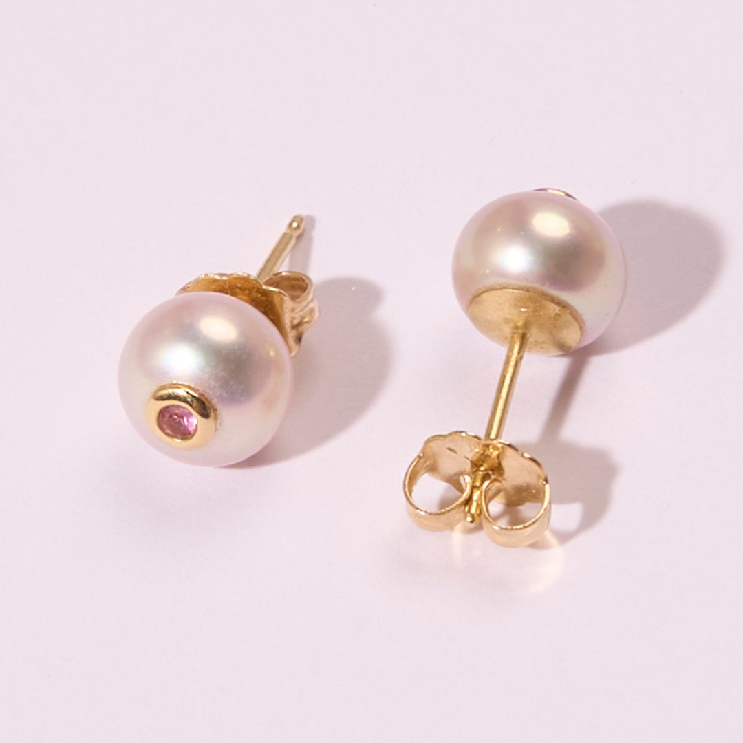 14K Gold Pink Freshwater Pearl + Small Pink Sapphire Stud Earrings