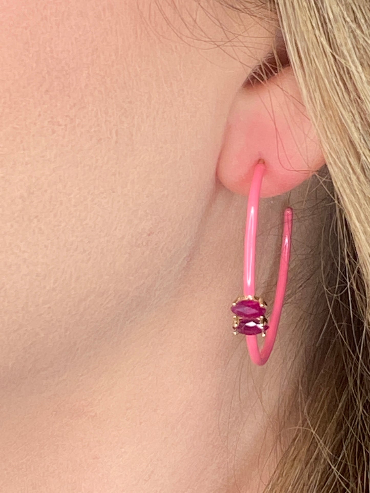 14K Gold Marquise Cut Ruby + Pink Enamel Valley Girl Hoop Earrings