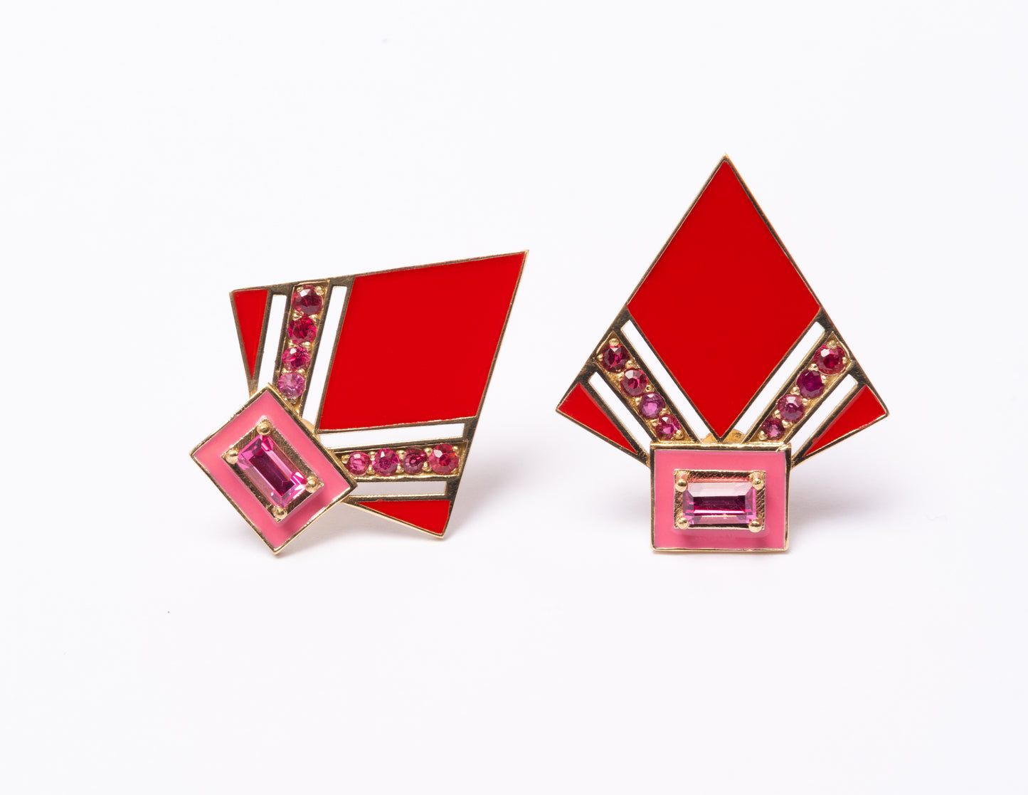 14K Gold Pink + Ombré Red Spinel Art Deco Enamel Fan Earrings