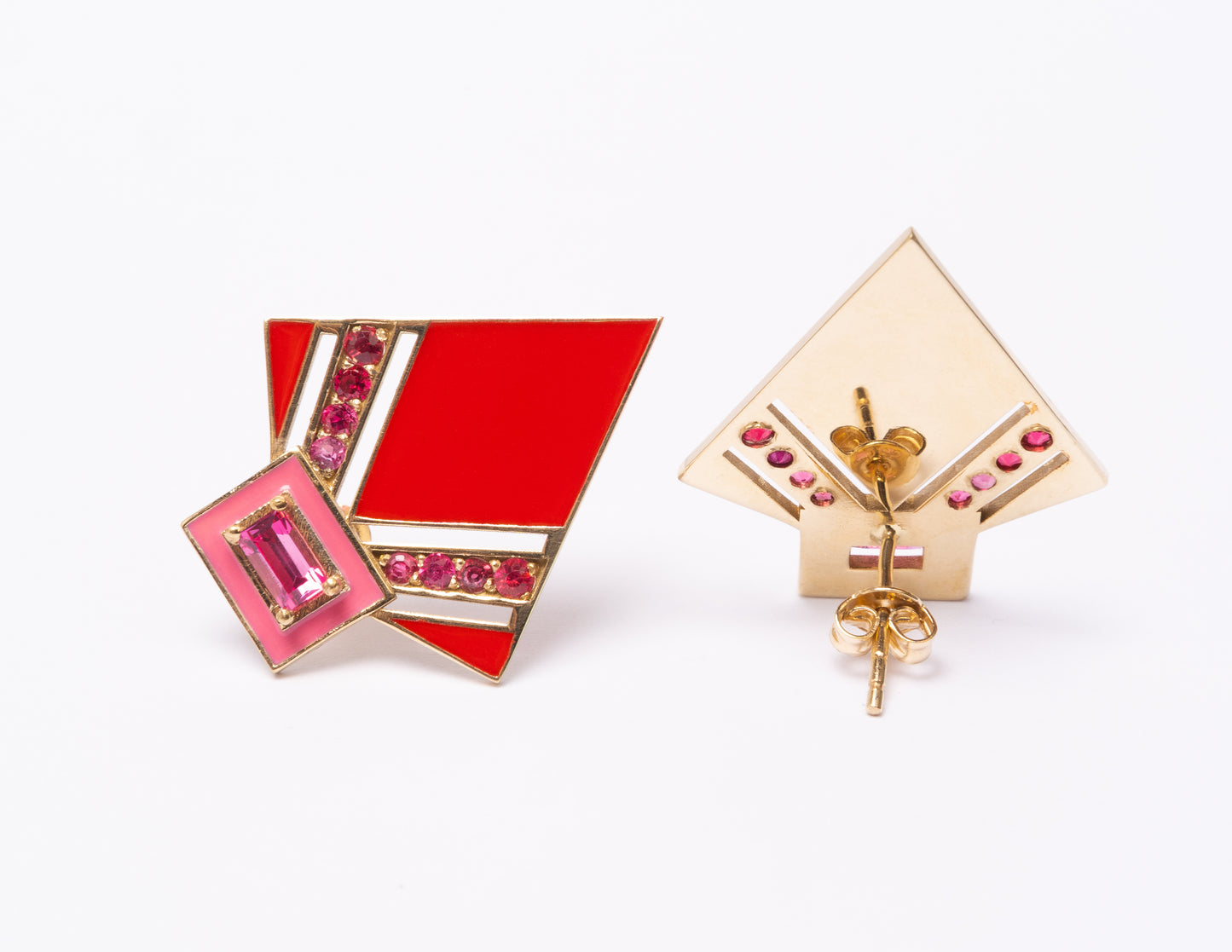 14K Gold Pink + Ombré Red Spinel Art Deco Enamel Fan Earrings