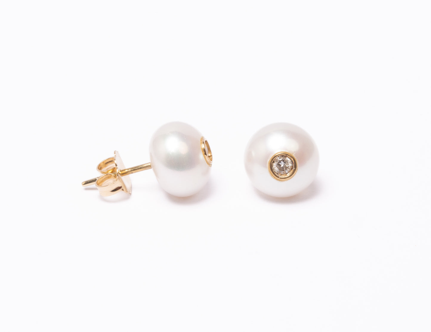 14K Gold Freshwater Pearl + Diamond Stud Earrings