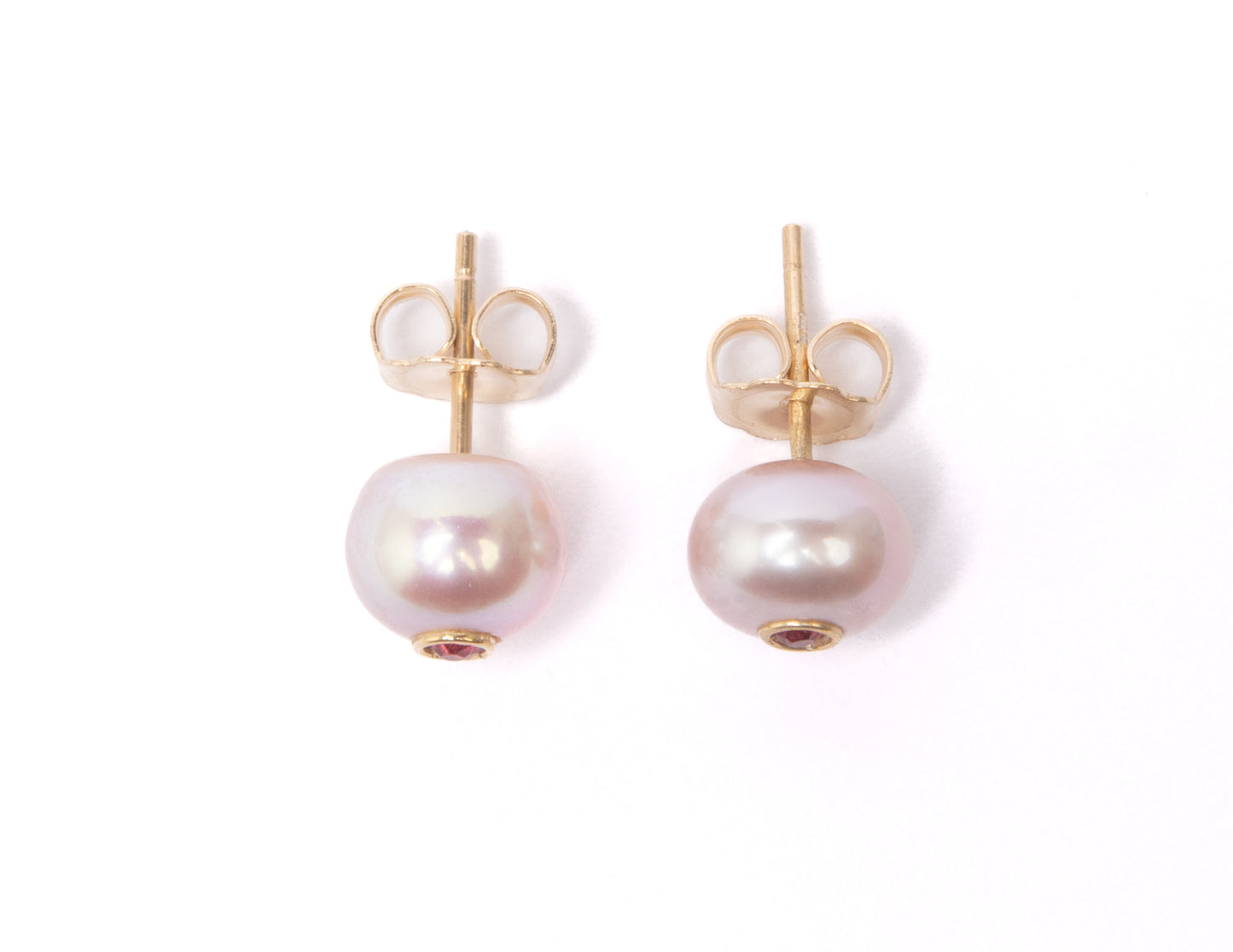 14K Gold Pink Freshwater Pearl + Red Spinel Stud Earrings