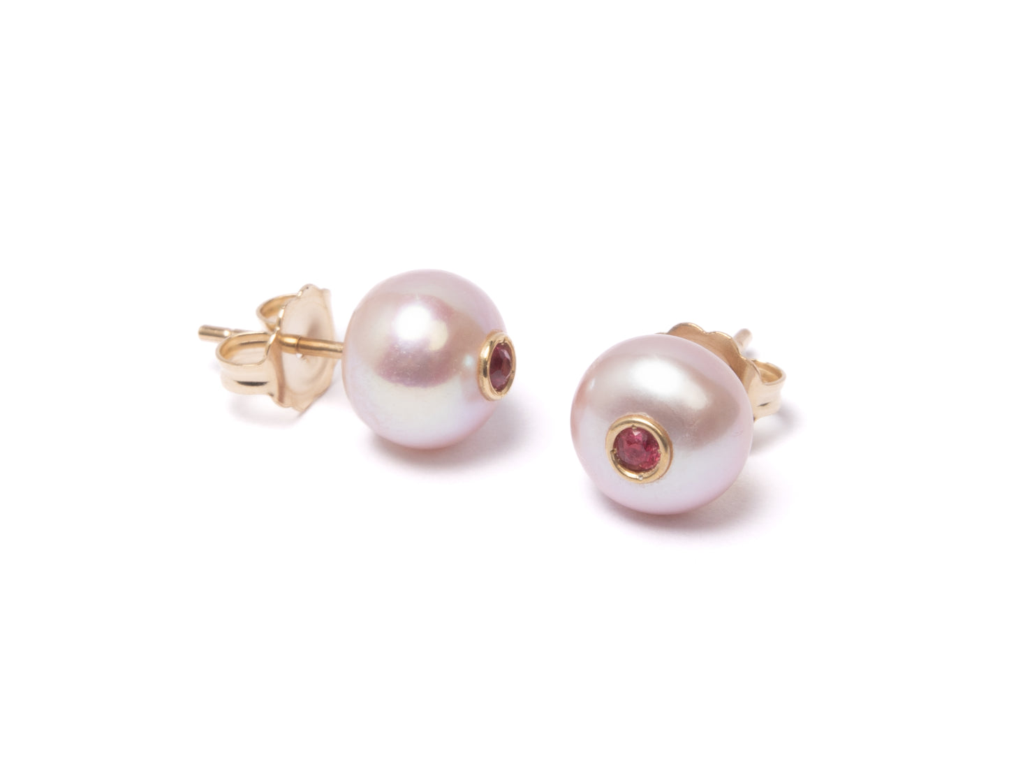 14K Gold Pink Freshwater Pearl + Red Spinel Stud Earrings