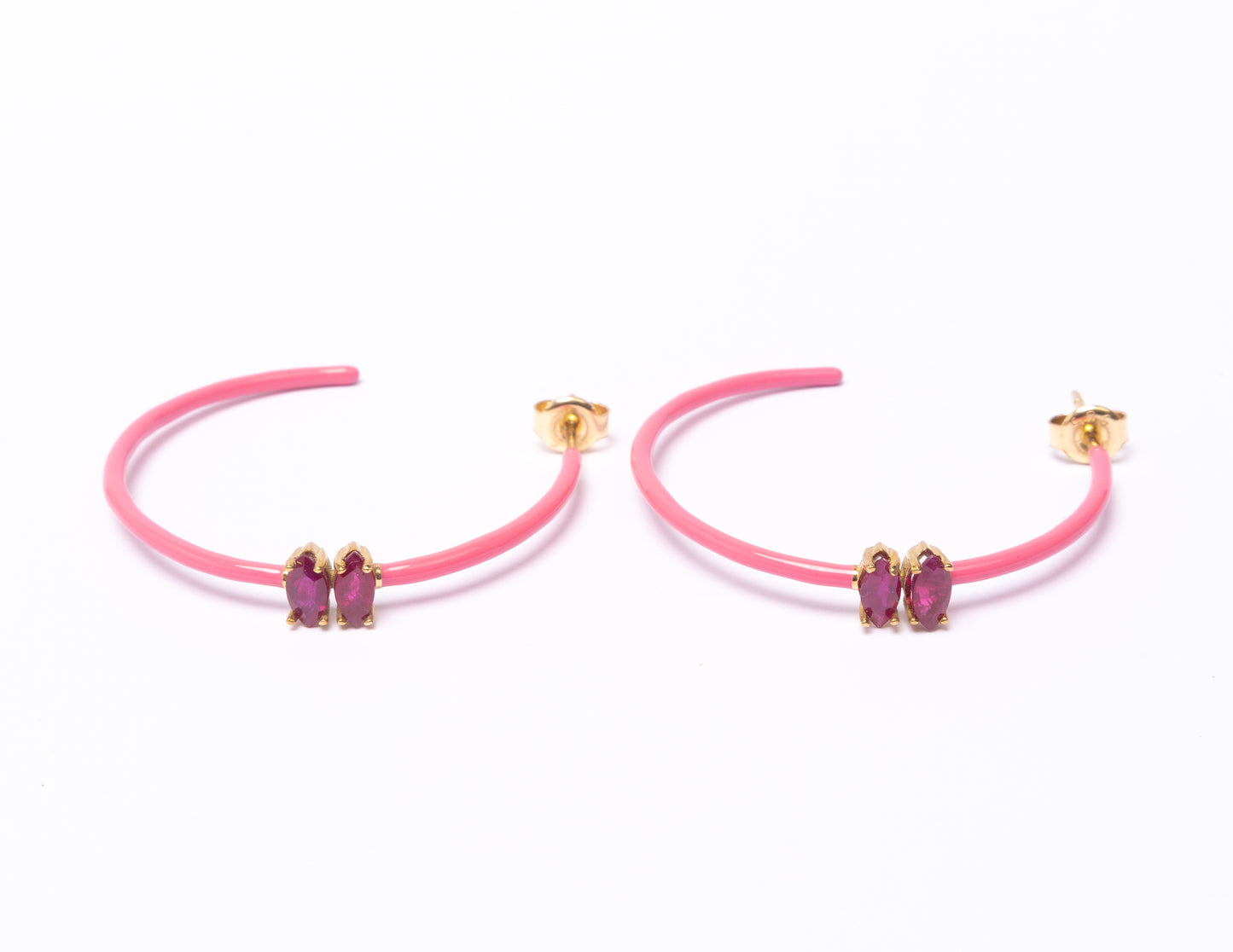 14K Gold Marquise Cut Ruby + Pink Enamel Valley Girl Hoop Earrings