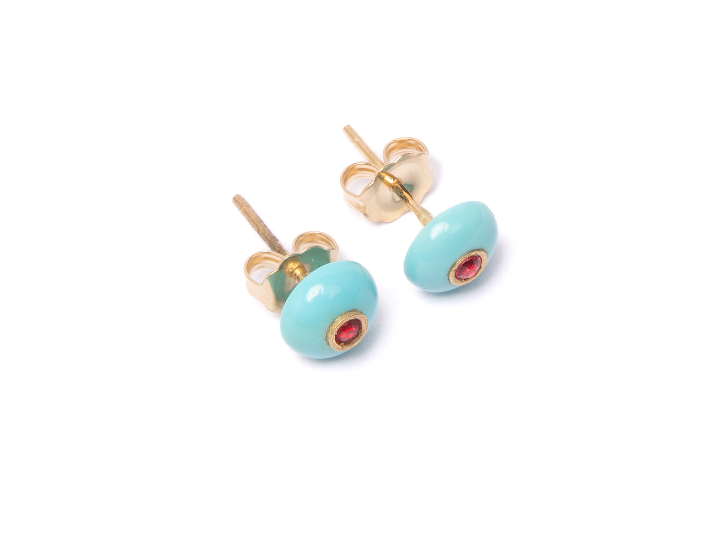 14K Gold Sleeping Beauty Turquoise + Red Spinel Gumdrop Stud Earrings