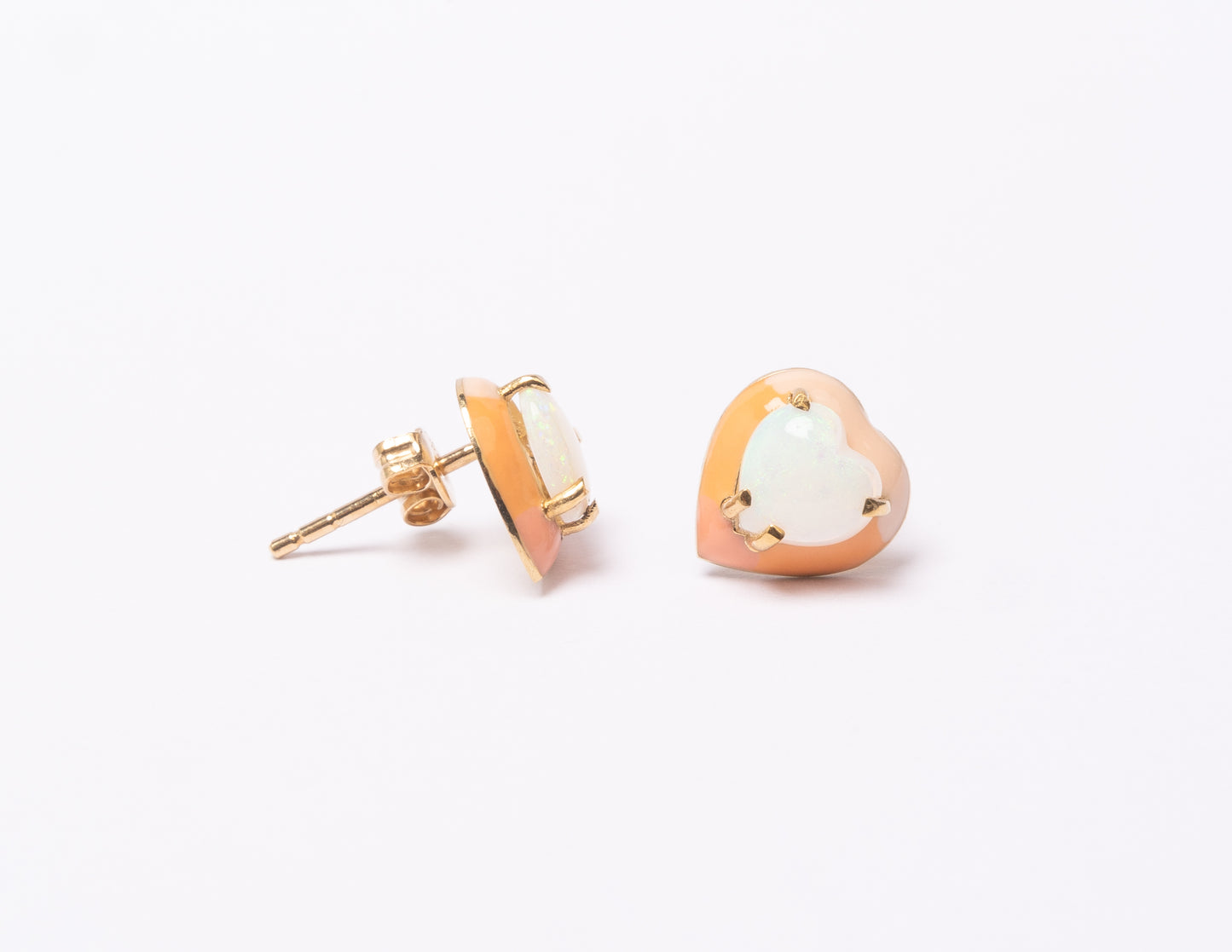 14K Gold Australian Opal Heart + Ombré Sunset Pastel Enamel Sweetheart Stud Earrings