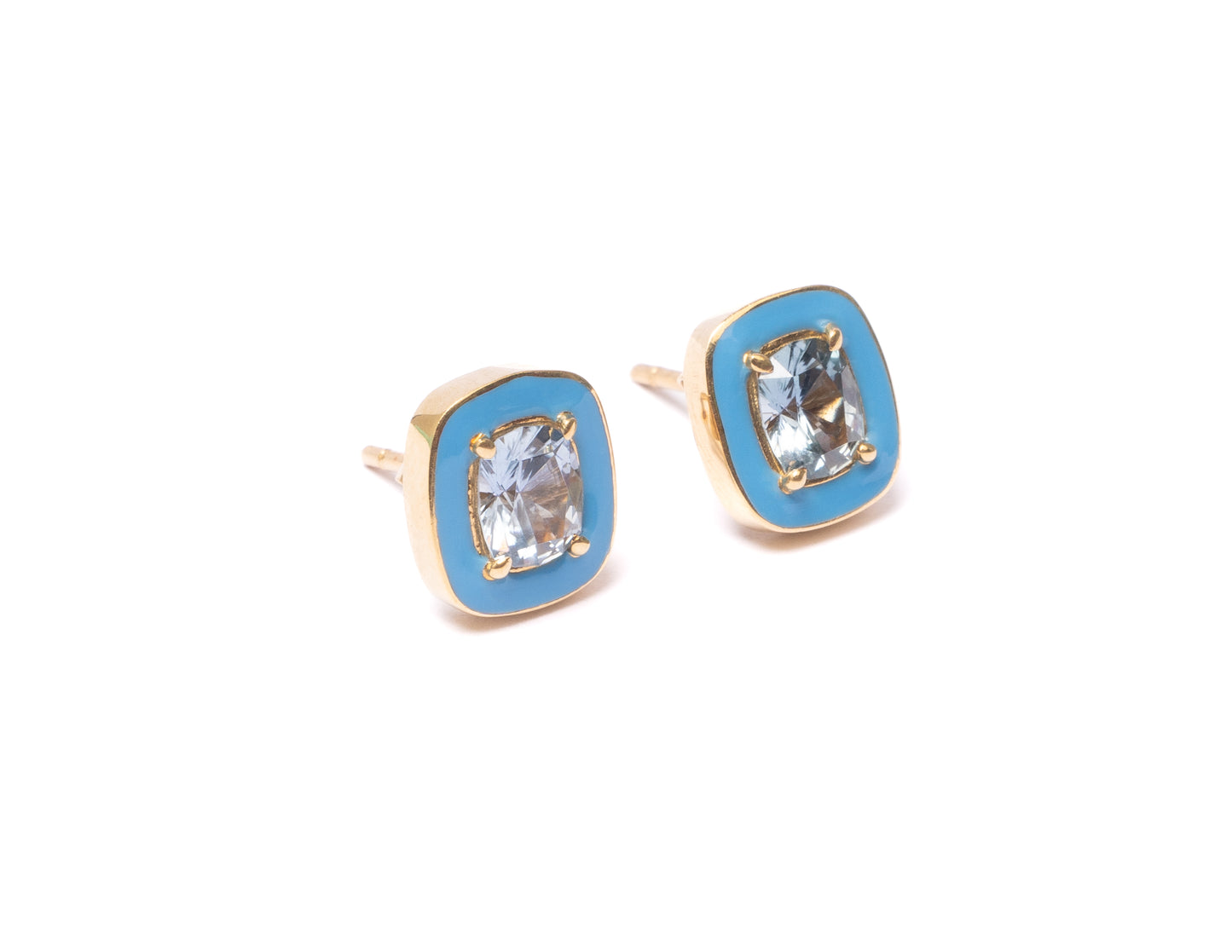 14K Gold Cushion Cut Montana Sapphires + Blue Enamel Valley Girl Stud Earrings